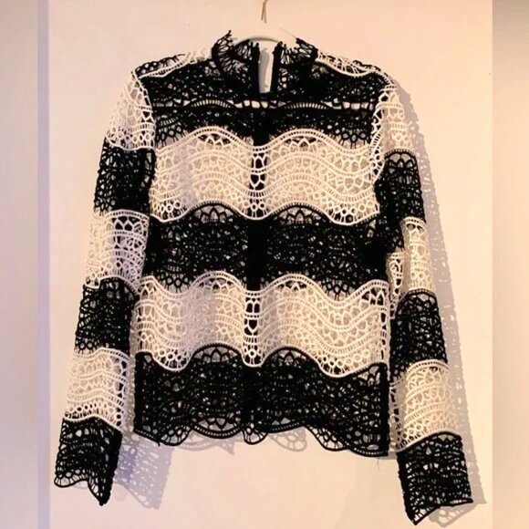 Aqua Tops - Aqua Black and White Lace Blouse